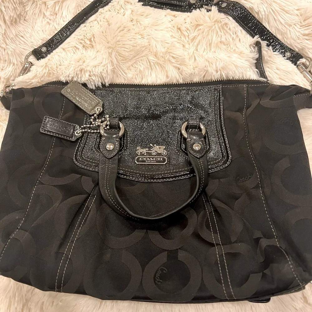 Coach black logo shoulder bag with patent leather straps. - Picture 1 of 4